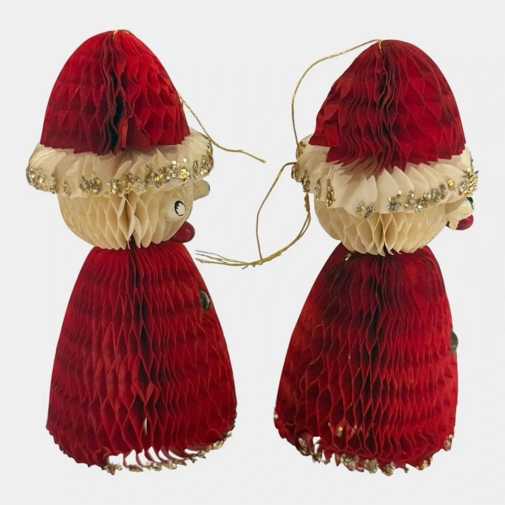 Honeycomb Paper Santa Ornaments Set of 6 Original Box c1950s Christmas Vintage